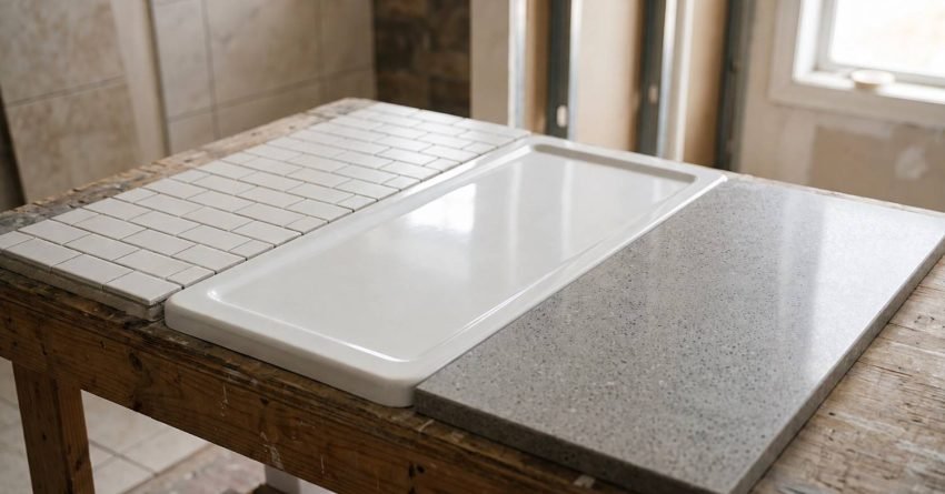 Side-by-side comparison of three bathroom shower base materials on a wooden workbench: off-white subway mosaic tile, white acrylic tray, and solid grey quartz composite slab