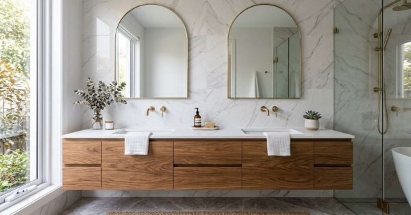 A modern luxury master bathroom featuring a large floating timber double vanity with a white quartz countertop, dual undermount sinks, brushed brass wall-mounted faucets, and two matching brass arched mirrors against marble wall tiles