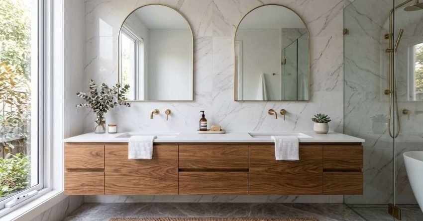 A modern luxury master bathroom featuring a large floating timber double vanity with a white quartz countertop, dual undermount sinks, brushed brass wall-mounted faucets, and two matching brass arched mirrors against marble wall tiles