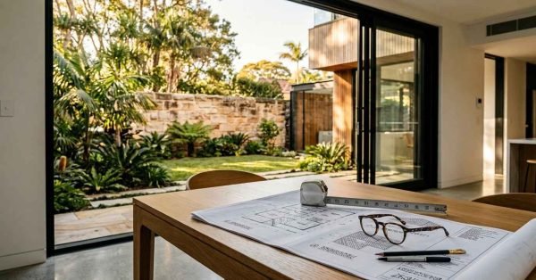 Unrolled architectural blueprints with reading glasses, metal tape measure, and drafting pens on an oak dining table framing open sliding glass doors onto a landscaped garden courtyard with a sandstone feature wall