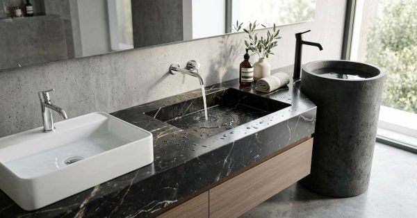 Three modern bathroom sink styles displayed side by side featuring a white ceramic vessel sink, an integrated black marble basin with running water, and a freestanding concrete pedestal basin