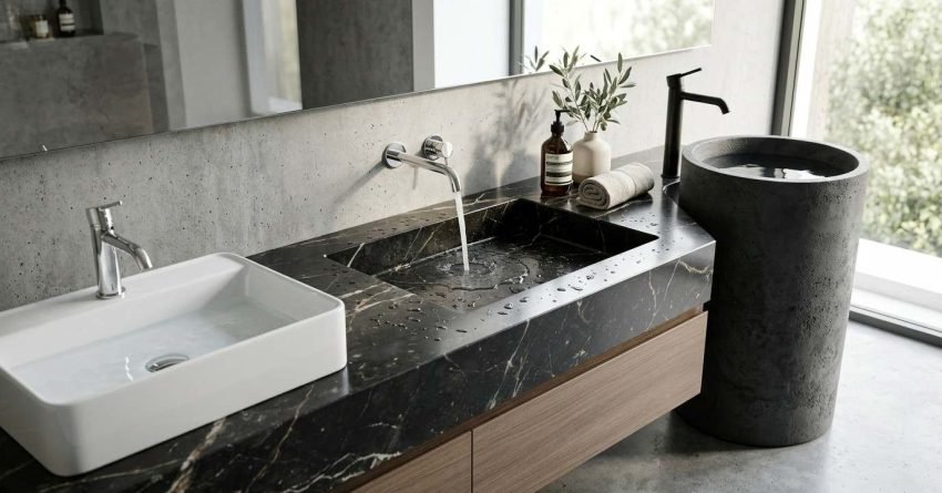 Three modern bathroom sink styles displayed side by side featuring a white ceramic vessel sink, an integrated black marble basin with running water, and a freestanding concrete pedestal basin