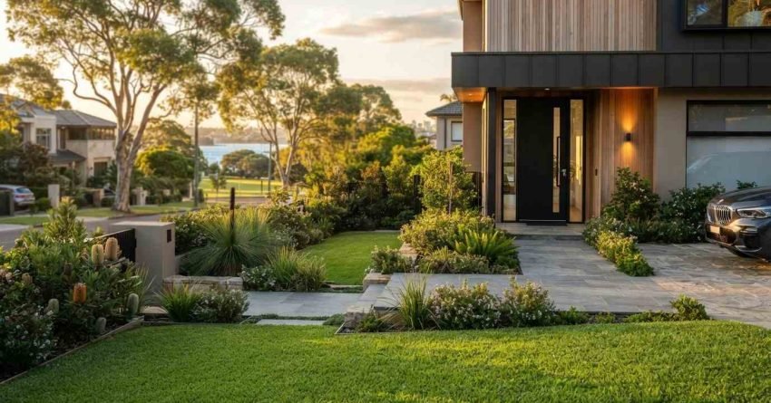 Modern architectural home facade featuring vertical timber cladding, charcoal steel canopy, tall pivot front door, and bluestone entry path framed by native Australian landscaping and green lawn