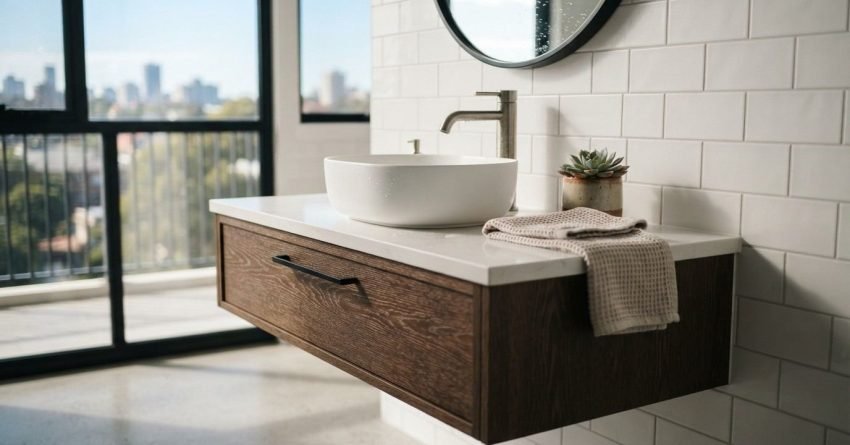 Floating dark timber bathroom vanity with white ceramic vessel sink, brushed nickel faucet, round black mirror, and white subway tile wall overlooking a city balcony view