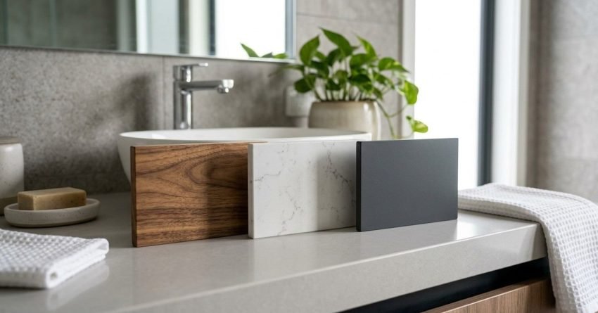 Three material finish sample blocks—warm walnut timber, veined white marble, and matte charcoal tile—lined up on a grey bathroom vanity countertop in front of a vessel basin and chrome faucet
