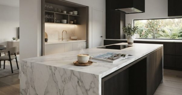 A steaming ceramic cup of coffee on a wooden saucer beside an open magazine on a luxury Calacatta marble waterfall kitchen island in a modern open-plan home