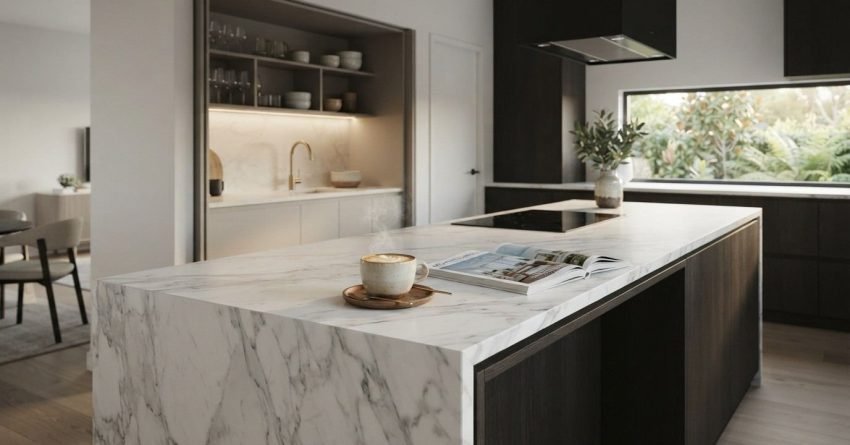 A steaming ceramic cup of coffee on a wooden saucer beside an open magazine on a luxury Calacatta marble waterfall kitchen island in a modern open-plan home