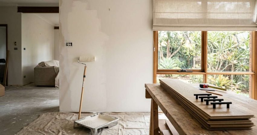 Living room under renovation featuring a paint roller resting against a partially painted white wall, paint tray on a canvas drop cloth, and timber flooring planks with black hardware on a workbench