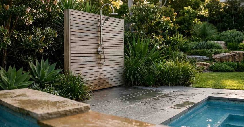Modern outdoor pool shower with stainless steel rainfall fixture on horizontal timber slat wall surrounded by lush garden plants