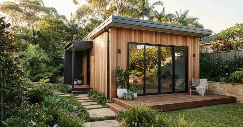 A contemporary modular timber granny flat featuring vertical wood cladding, black-framed sliding glass patio doors, and an open timber deck surrounded by lush subtropical garden landscaping