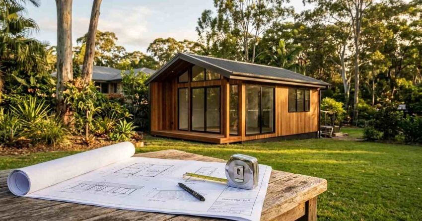 Architectural blueprints for a granny flat, a pen, and a metal tape measure laid out on a rustic wooden table overlooking a newly built modern timber ADU in a grassy backyard