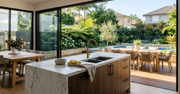 Luxury open-plan kitchen island with Calacatta marble waterfall edge, dark timber cabinetry, and brass mixer tap framing open sliding glass doors onto an outdoor timber deck with dining setting and swimming pool