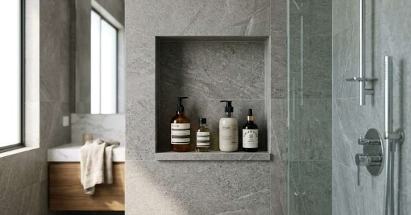 Recessed tiled shower niche with four luxury shampoo and soap bottles inside a modern grey stone bathroom next to a glass shower screen and chrome fixtures