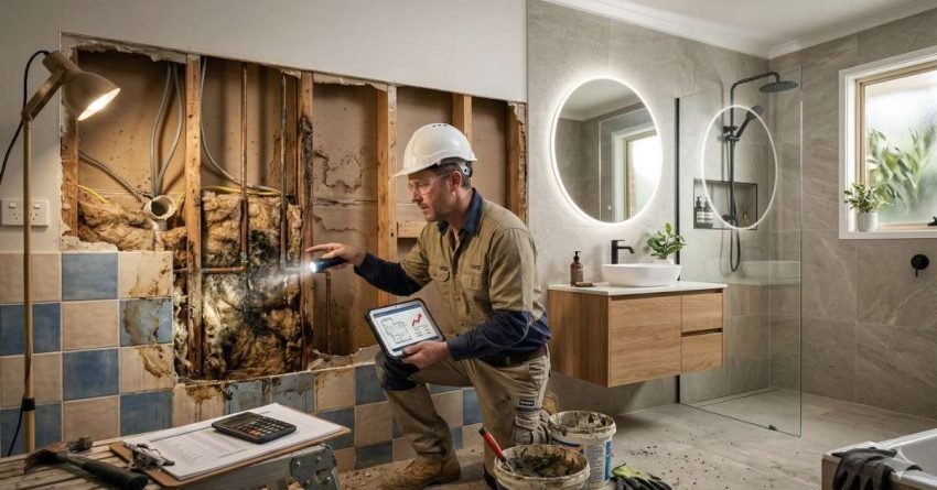 hidden bathroom renovation costs showing plumbing issues water damage and electrical problems behind walls