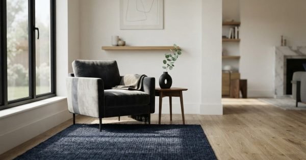 A dark charcoal velvet armchair with a throw blanket placed on a textured navy blue area rug over light hardwood floors, beside a wooden side table with a green branch in a black donut vase near a large window