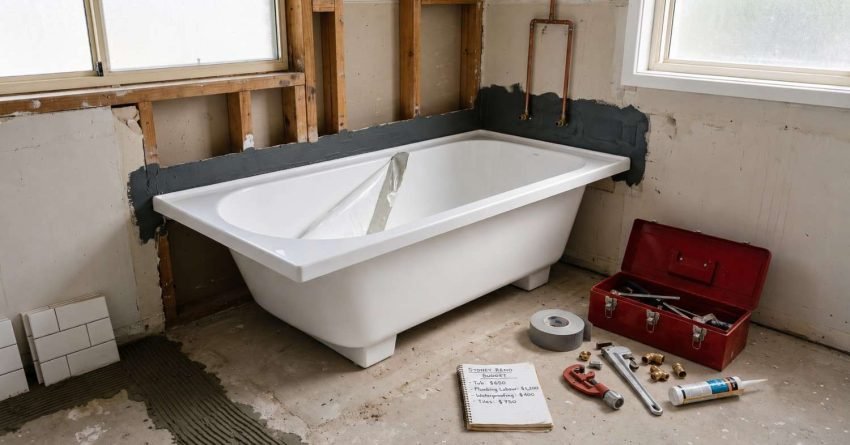 White drop-in bathtub installation with exposed wall framing, waterproofing membrane, plumbing tools, and handwritten renovation budget notepad