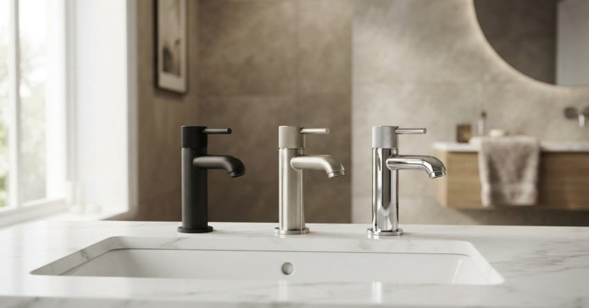 Three single-handle bathroom mixer taps displayed in matte black, brushed nickel, and polished chrome finishes on a white marble countertop behind an undermount sink