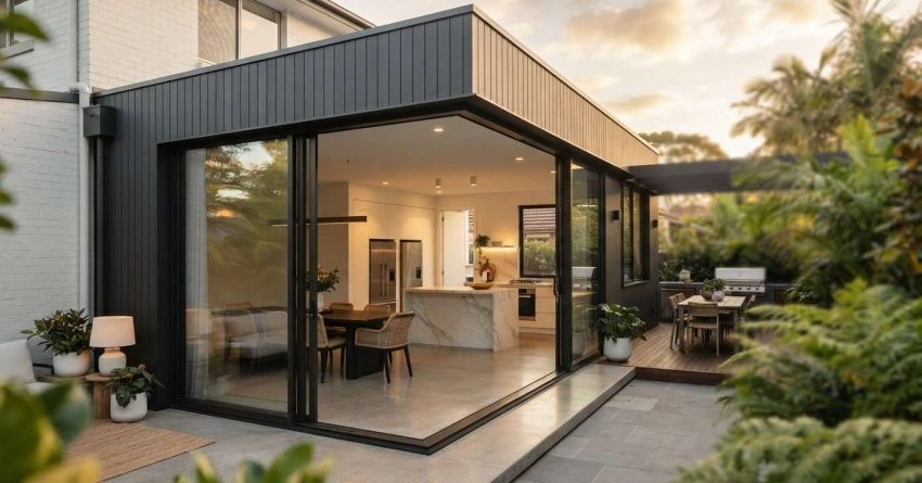 Contemporary rear home extension featuring charcoal vertical cladding, open corner-less sliding glass doors, polished concrete flooring, marble waterfall kitchen island, and an outdoor entertaining deck with barbecue station at sunset