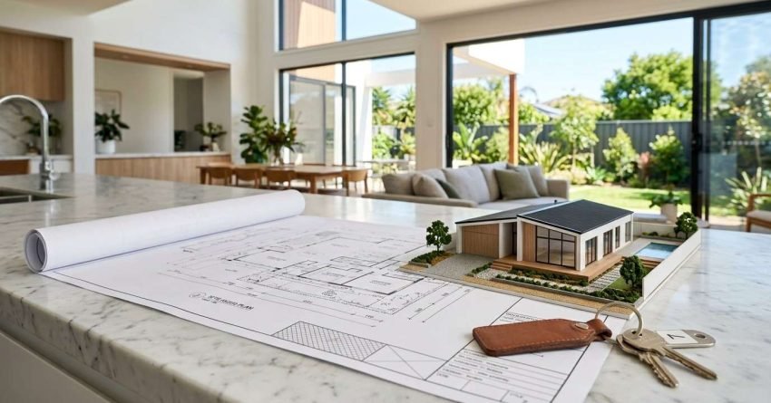 A detailed architectural scale model of a modern home with a swimming pool resting on an unrolled floor plan blueprint, alongside new house keys with a brown leather keychain on a marble kitchen island overlooking a sunlit open-plan living room and backyard
