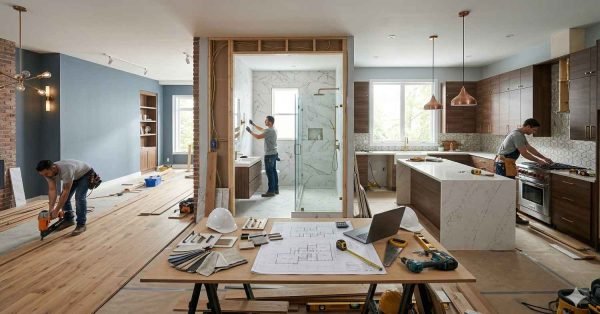 Modern home renovation showing kitchen, bathroom, and living space upgrades achievable with a $100,000 budget
