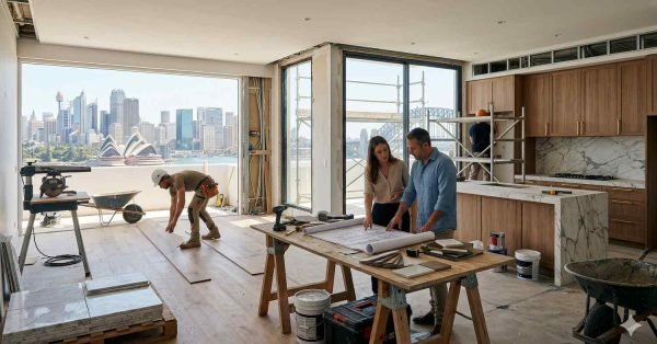 Modern house renovation in Sydney with builders, premium materials, and homeowners reviewing renovation plans in a bright interior