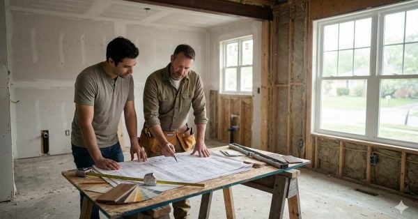 Homeowner and contractor reviewing renovation plans and blueprints in an unfinished house at the beginning of a renovation project