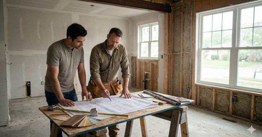 Homeowner and contractor reviewing renovation plans and blueprints in an unfinished house at the beginning of a renovation project