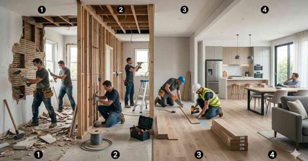 Step-by-step house renovation process showing demolition, construction, installation, and finished interior in sequence
