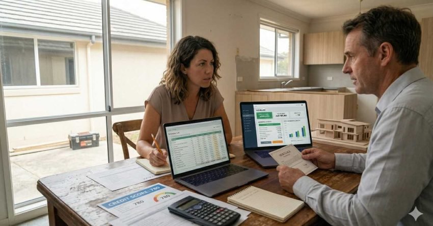 Homeowner discussing renovation loan borrowing capacity with financial advisor using documents and calculator