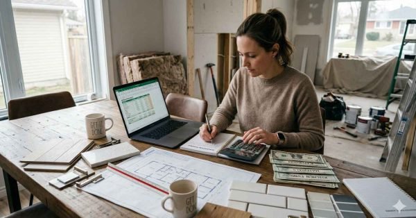 Homeowner planning renovation budget with calculator, savings, and cost estimates in a partially renovated home