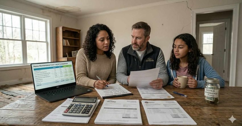 Homeowner budgeting for home repairs with calculator, savings plan, and visible signs of maintenance issues in the house