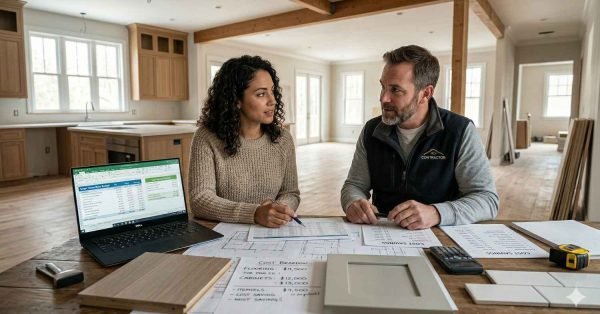 Homeowner and contractor planning renovation budget with documents, calculator, and cost-saving strategies in a partially renovated home