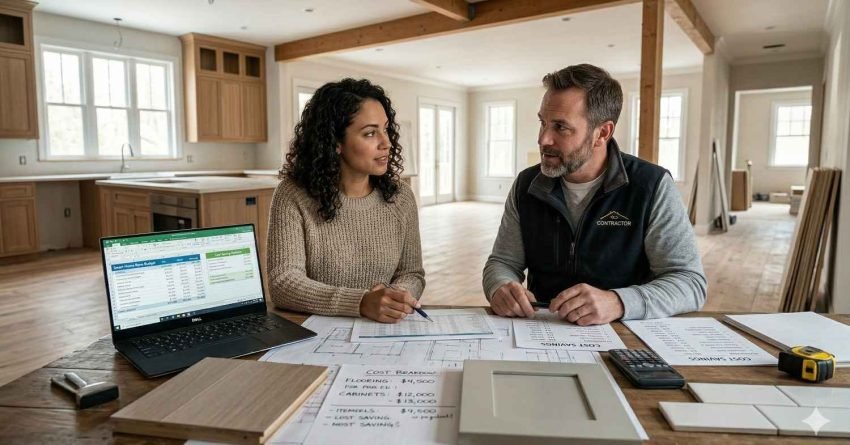 Homeowner and contractor planning renovation budget with documents, calculator, and cost-saving strategies in a partially renovated home