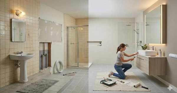 budget bathroom renovation showing DIY makeover with simple upgrades and before after comparison
