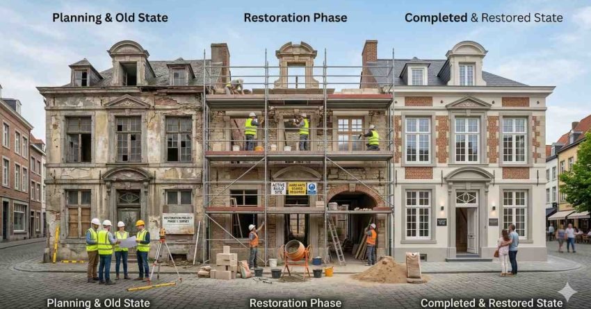 old building restoration process showing before during and after renovation of historic structure