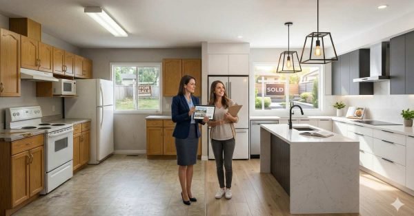 new kitchen renovation showing before and after transformation and increased home value
