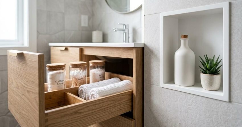 An open light-oak bathroom vanity drawer with bamboo organizers holding labeled glass jars and rolled white waffle towels, next to a recessed white wall niche with a ceramic bottle and potted succulent