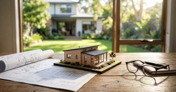 A detailed architectural scale model of a modern timber granny flat, rolled blueprints, eyeglasses, and a notebook on a wooden desk overlooking a sunlit backyard lawn