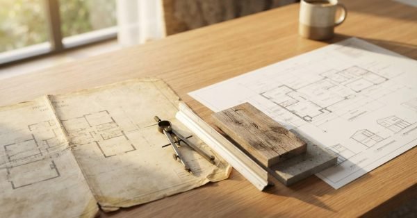 Vintage 1920s hand-drawn house blueprints contrasted with modern CAD floor plans and 3D axonometric elevations, paired with an antique drafting compass, scale ruler, weathered timber block, and stone tile on an oak desk