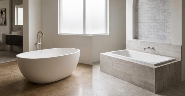 Side by side comparison of a white freestanding soaking tub with floor-mounted faucet on left and a built-in drop-in bathtub in tiled surround on right