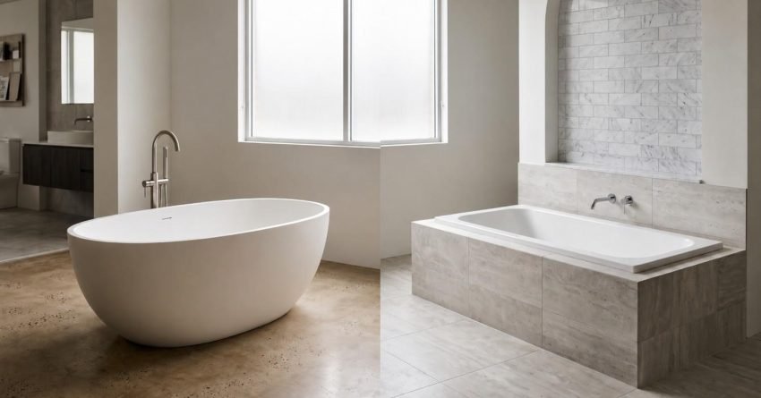 Side by side comparison of a white freestanding soaking tub with floor-mounted faucet on left and a built-in drop-in bathtub in tiled surround on right