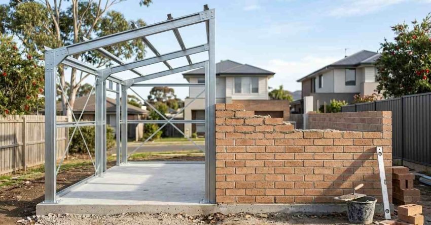A garage or shed under construction on a concrete slab, showing a galvanized steel frame alongside a partially built brick wall with mason tools and level