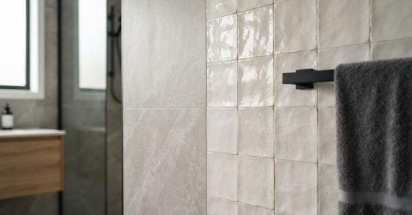 Glossy handcrafted square Zellige-style wall tiles meeting large-format grey stone porcelain tiles with a matte black towel bar and folded grey towel