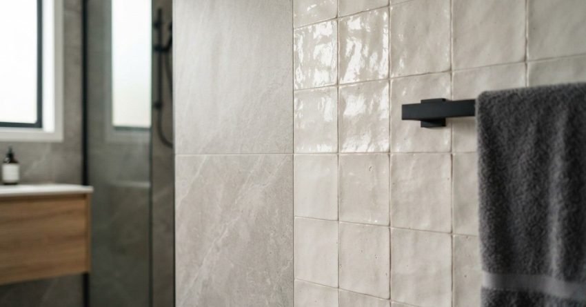 Glossy handcrafted square Zellige-style wall tiles meeting large-format grey stone porcelain tiles with a matte black towel bar and folded grey towel