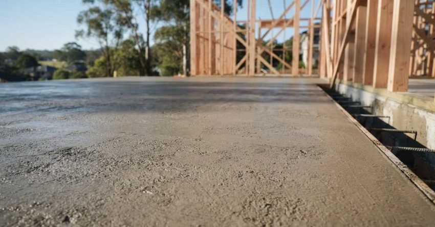 A close-up view of a freshly poured textured concrete slab foundation with exposed edge rebar and the timber wall frame of a house under construction in the background