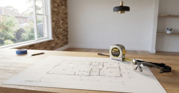 Ground floor architectural blueprint laid out on a light oak workbench with a retractable tape measure, safety glasses, drafting pencil, and blue painter's tape inside a sunlit home interior undergoing renovation