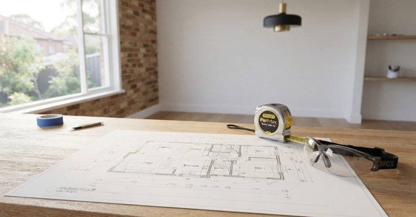 Ground floor architectural blueprint laid out on a light oak workbench with a retractable tape measure, safety glasses, drafting pencil, and blue painter's tape inside a sunlit home interior undergoing renovation