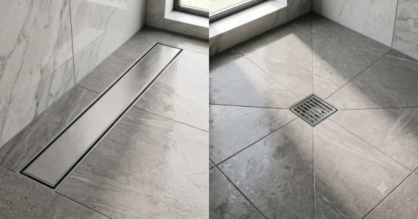 Side-by-side comparison of a brushed stainless steel linear drain vs a central square point drain with diagonal tile cuts on a grey stone shower floor