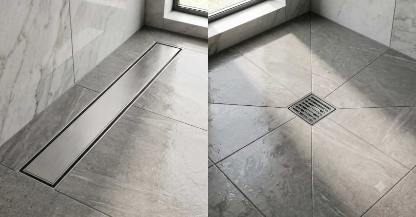 Side-by-side comparison of a brushed stainless steel linear drain vs a central square point drain with diagonal tile cuts on a grey stone shower floor