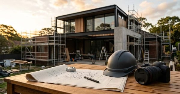 Architectural blueprints with a pen, tape measure, matte grey hard hat, and DSLR camera on an outdoor wooden table in front of a modern two-story home addition with steel framing and scaffolding